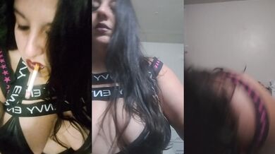 Latina belly rub while smoking alone