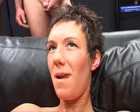 Short-haired German Whore Eats Cum After DP Gangbang Action