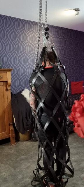No escape when i catch hubby in My leather hang cage