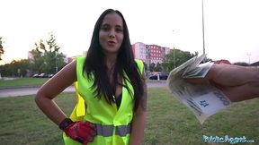 Brunette hottie agrees to fuck with a criminal for the cash on a public road pov