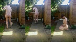 naked chained slave sweeping the path. i had orders not to let my heels touch the ground, hence the tiptoes