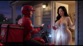 Curvy Woman in Translucent White Outfit Talks to Pizza Delivery Guy at Her Front Door at Night Ai Generated