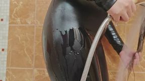 Washed Head and Body in a Vinyl Catsuit Striptease