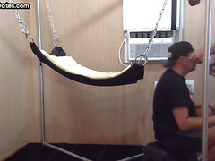 Barebacked bottom DILF fucked in sling after cocksucking