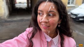 College-aged babe moans as huge cum covers her shaved kitty during a public cumwalk