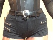 Alex's dildo play (trans, crossdress, fetish, corset, pantyhose, high heels, female mask, leather)