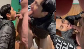 gay boy in puffer jacket gives blowjob