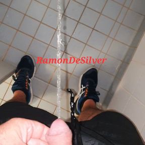 Master Ramon pisses in his sexy black satin shorts in the shower, very horny