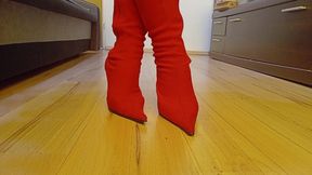 Crossdresser Walks in Sexy Red Suede Pointed Toe High Heels Boots