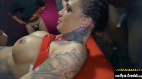 Big tits tattooed brunette slut gangbanged and jizzed