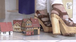Buildings and Car under wooden High Heels floor view
