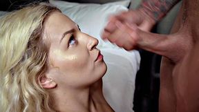 A muscular escort give a hot doggystyle handjob and cumshot in lingerie in the bedroom
