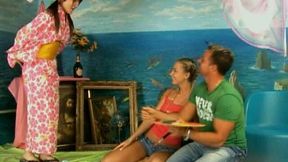 Appetizing girls with yummy tits share one lucky dude in a threesome