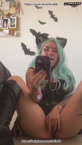 petite french alt goth cosplay hentai cat ear egirl fingering in front of mirror