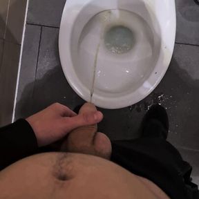 Cute 18 teen boy can&#039;t hold pee during work so peeing in the public toilets and plays with cock 4K