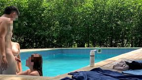 Natasha & Megan trade sunbathing for poolside booty calls, then share studs with a lucky dude