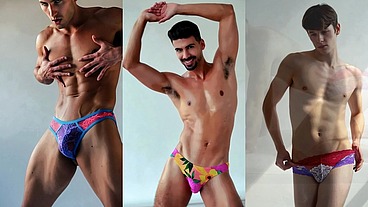 Sexy Hunks Studs and Twinks stretching and showing off in colorful and exotic briefs underwear and panties