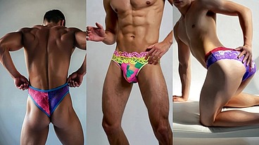 Sexy Hunks Studs and Twinks stretching and showing off in colorful and exotic briefs underwear and panties
