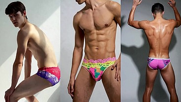 Sexy Hunks Studs and Twinks stretching and showing off in colorful and exotic briefs underwear and panties