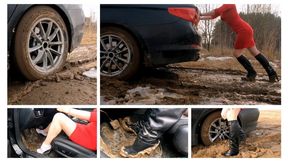 Sexy girl stuck hard in deep mud driving luxury BMW 5 series