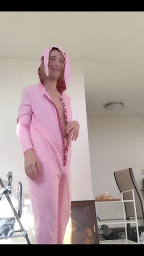 Transwoman Opening One-piece Pink Rabbit Pajamas Bodysuit with Button-up Buttflap Viewer-gift