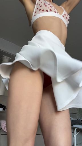 Slow Motion Skirt Twists Red Panties Sheer Bra