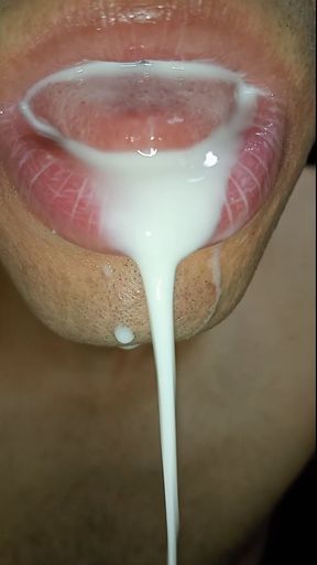 mouth milk, long tongue, sloopy, hard, kiss, tongue, playing with your cum, submissive, throat