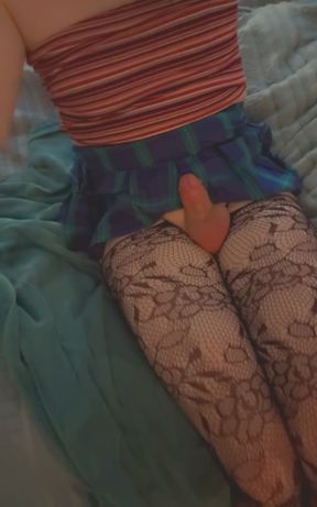 Slim blonde trans girl cums while sitting and masturbating alone