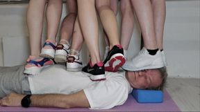 Multitrampling contest #69 (Part 2): sneakers trampling & face squeezing & triple heels jumping & crushing men between mats