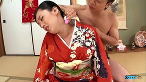 Posing in a kimono fills the erotic Asian brunette with an urge to get creampied