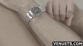 Venus Lux's shaved cock solo jerk off session before sex