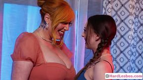 Mature babe Lauren Phillips corrupts innocent pigtailed teen Lily Larimar with juicy big boobs