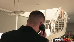 dark haired housewife katrina moreno kneels down and gives hubby a tit job before sucking his cock