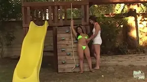 Outdoor lesbian action with brunettes and Asian girl