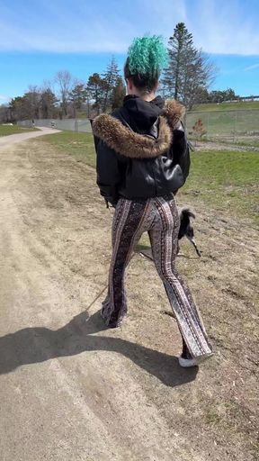 Cute flared pants girl gets noticed walking outdoors