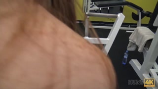 HUNT4K. In an empty gym hunter pays money for an eager cuckold and impales his girlfriend