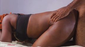 Curvy black babe gets a big load of cum on her round ass while facing sitting