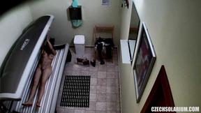 Shaved & Tight Beaver Caught in Solarium