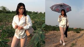 Walking in Farmer Field in Shiny Pantyhose and Heels - 4k