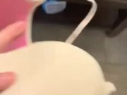 Another sneaky cum on her white pink 36C bra