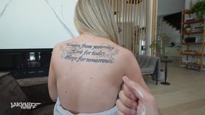 Bunny Madison's Mom's Friend oils up her naked body and rubs her body with pleasure