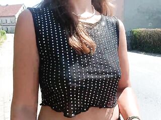 walking down the street in a watch-throughout blouse public flashing of melons and twat