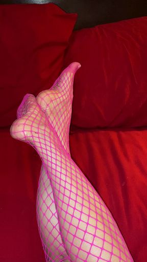 Really Sexy Legs with Tiny Feet with Long Toes in Pink Fishnet Stocking