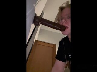 femboy loves deepthroating and slobbering on huge dildo