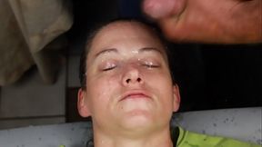 Dirty Dees laying back and taking double loads of babies to the eyes,