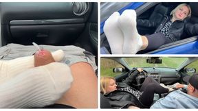 Sockjob in the car - payment in white socks WMV