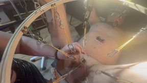 homemade cbt toy to hang the cock on, this time used with fish hooks and fishing line fun for mrs Tirza