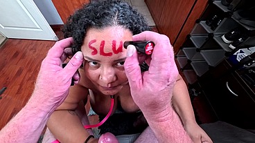 Degraded whore on a leash sucking my cock and jerking me off while barking