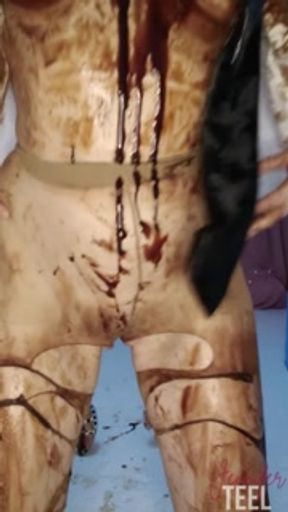 Naughty Jennifer is bored, goes WAM &amp; drizzles chocolate sauce all over her body