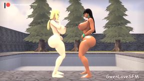 Anime Chell and Tsunade get intimate in a friendly dance